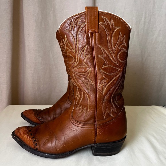 Nocona Cowboy Boots 8.5 D Brown Leather Lizard Wingtip Western‎ Vintage